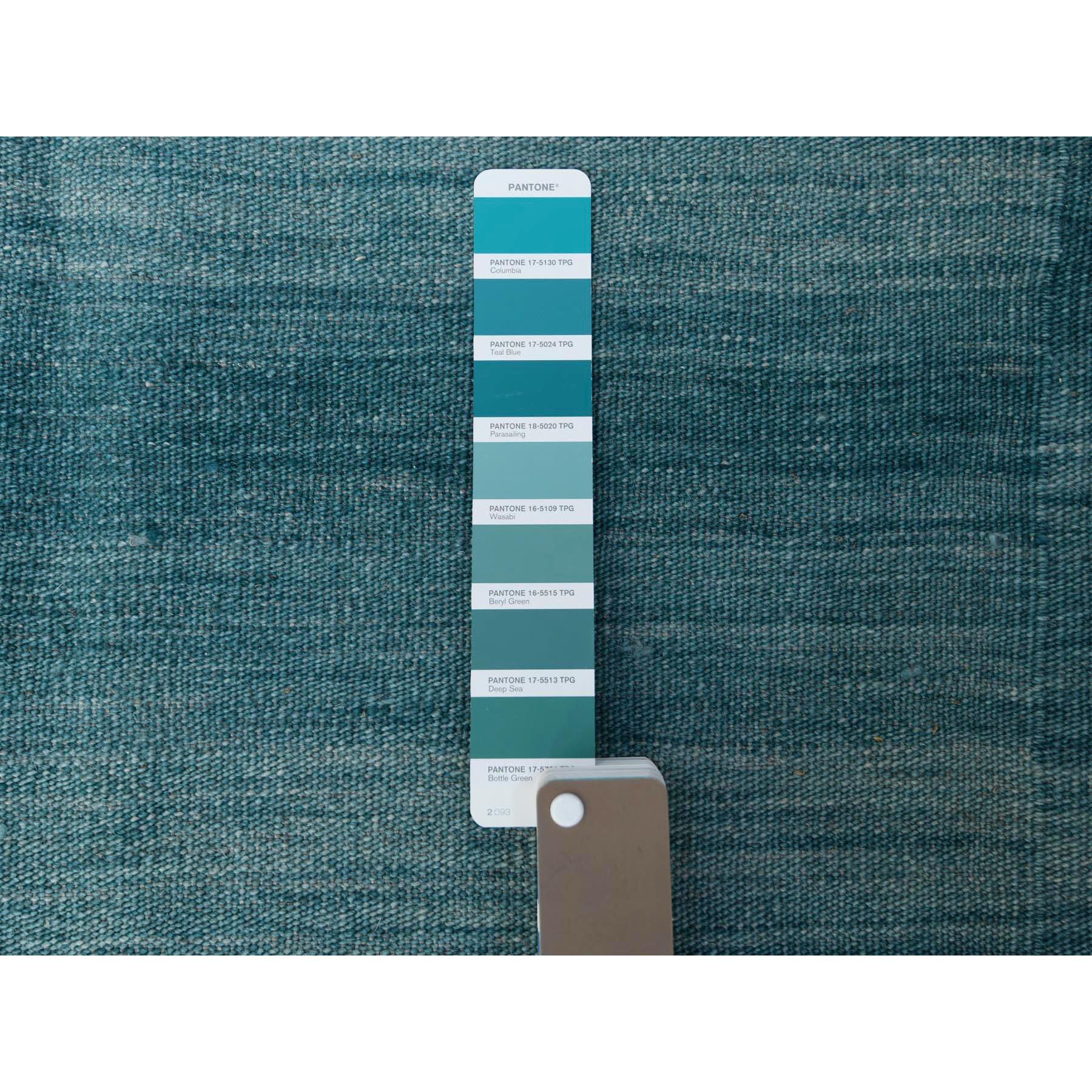 Hand-Knotted Aquamarine Stripe Design Handwoven Kilim Flat Weave Hand Spun Wool Rug 12'3