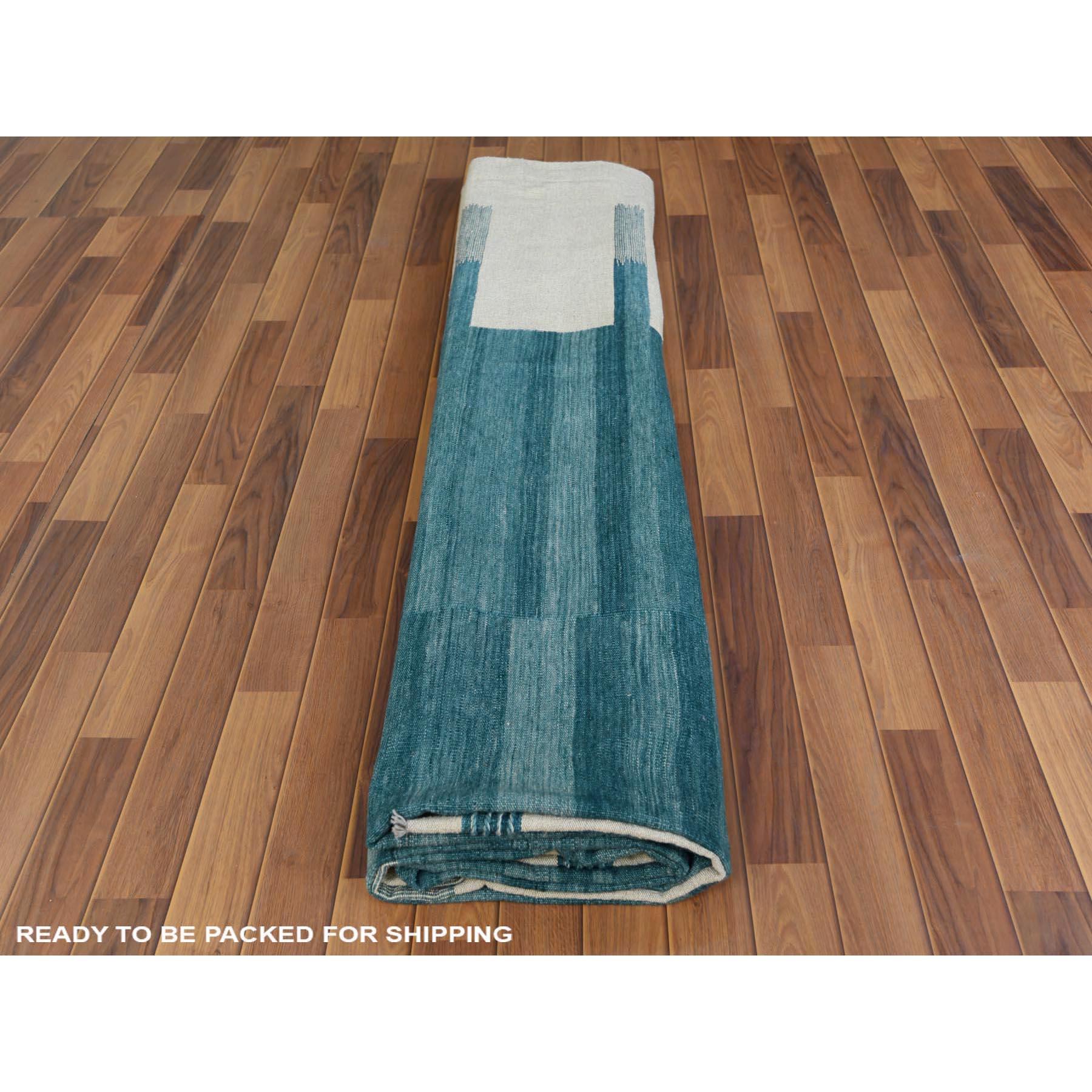 Aquamarine Stripe Design Handwoven Kilim Flat Weave Hand Spun Wool Rug 12'3