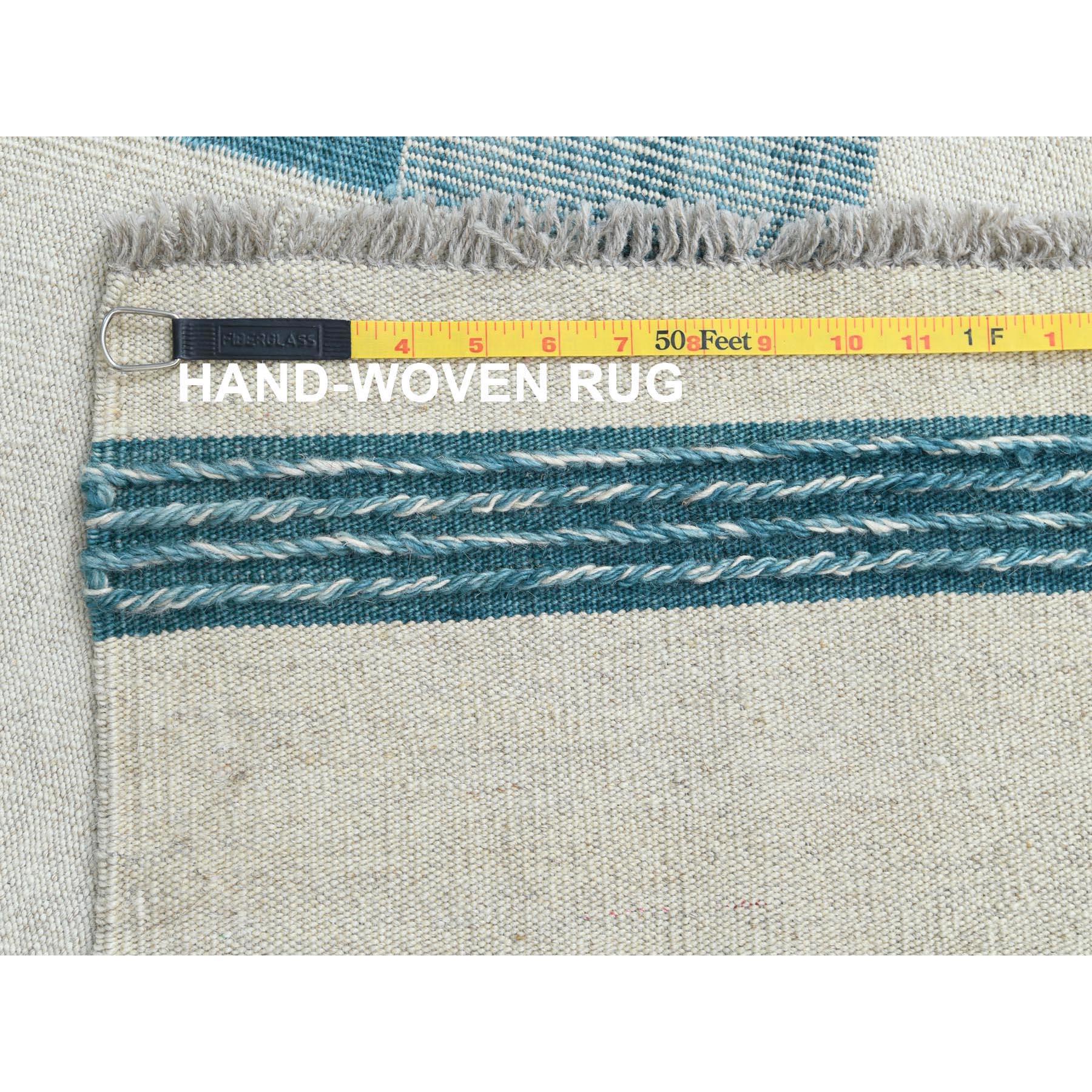 Contemporary Aquamarine Stripe Design Handwoven Kilim Flat Weave Hand Spun Wool Rug 12'3