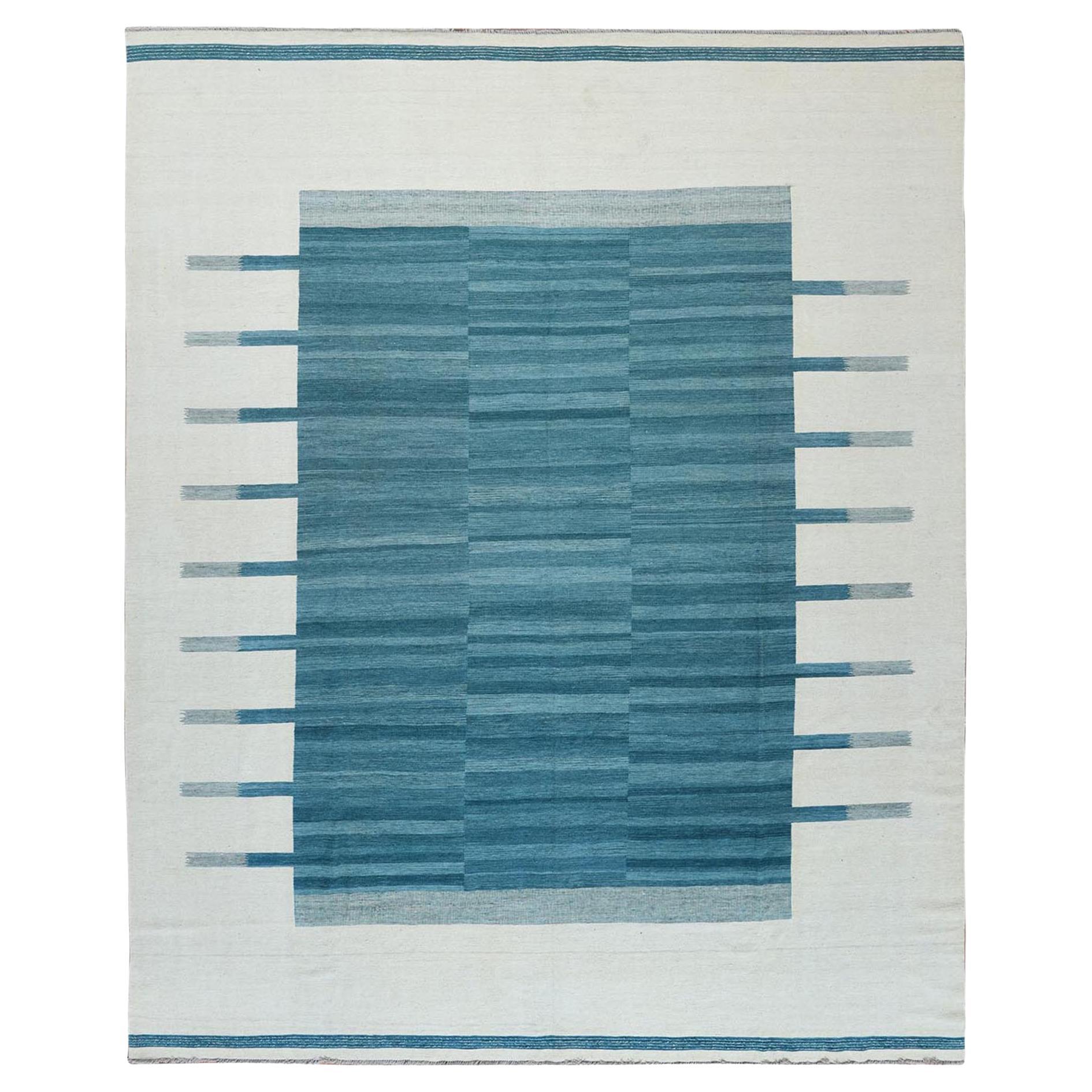 Aquamarine Stripe Design Handwoven Kilim Flat Weave Hand Spun Wool Rug 12'3"x15'