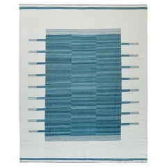 Handgewebter, flacher Kelim-Teppich aus handgesponnener Wolle mit Aquamarin-Streifen-Design 12'3"x15'