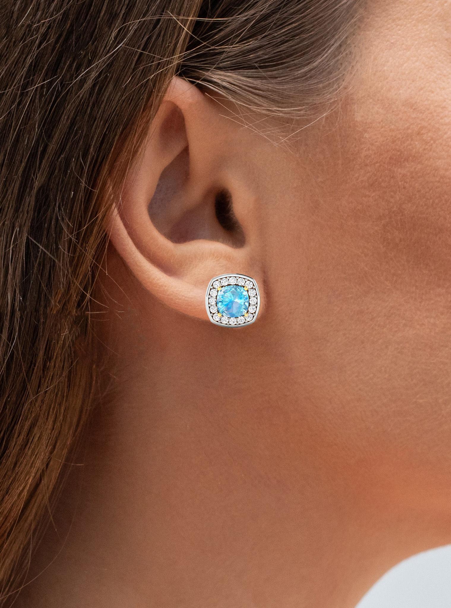 Contemporary Aquamarine Stud Earrings With Diamonds 1.95 Carats 14K Yellow Gold For Sale