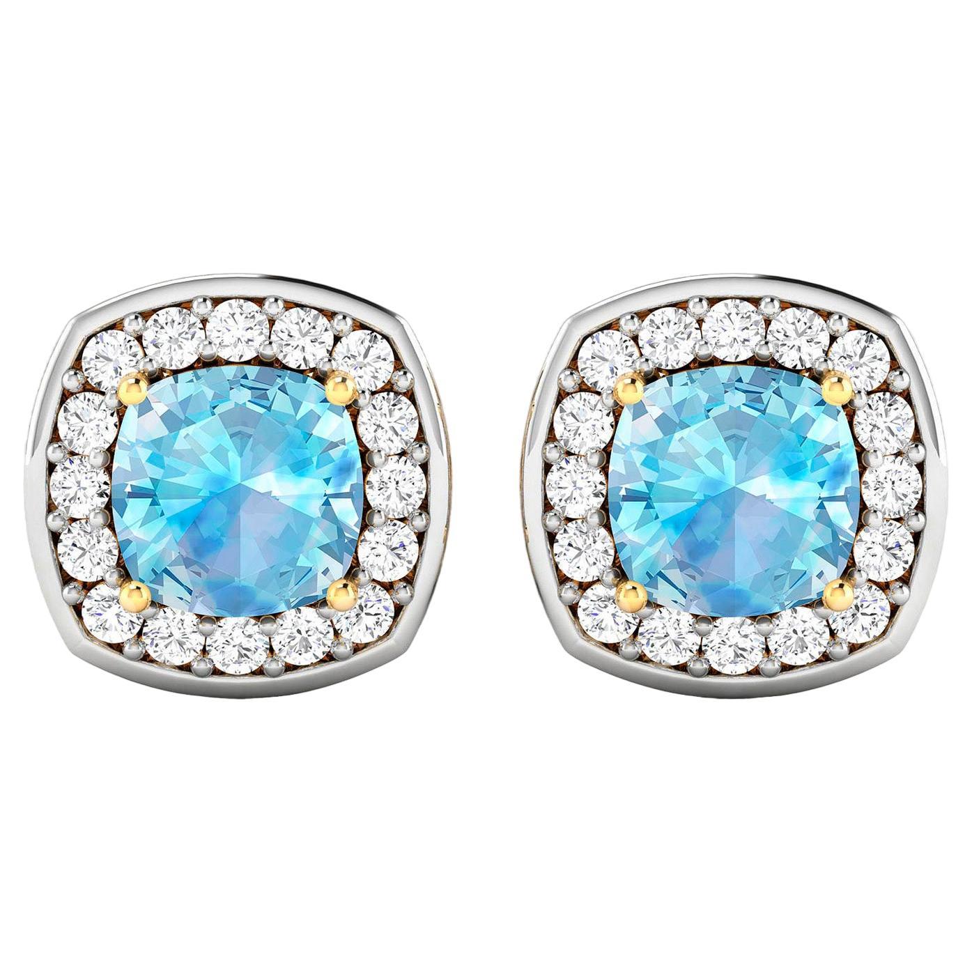 Aquamarine Stud Earrings With Diamonds 1.95 Carats 14K Yellow Gold For Sale