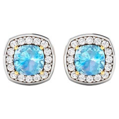 Clous d'oreilles aigue-marine avec diamants 1,95 carats or jaune 14 carats