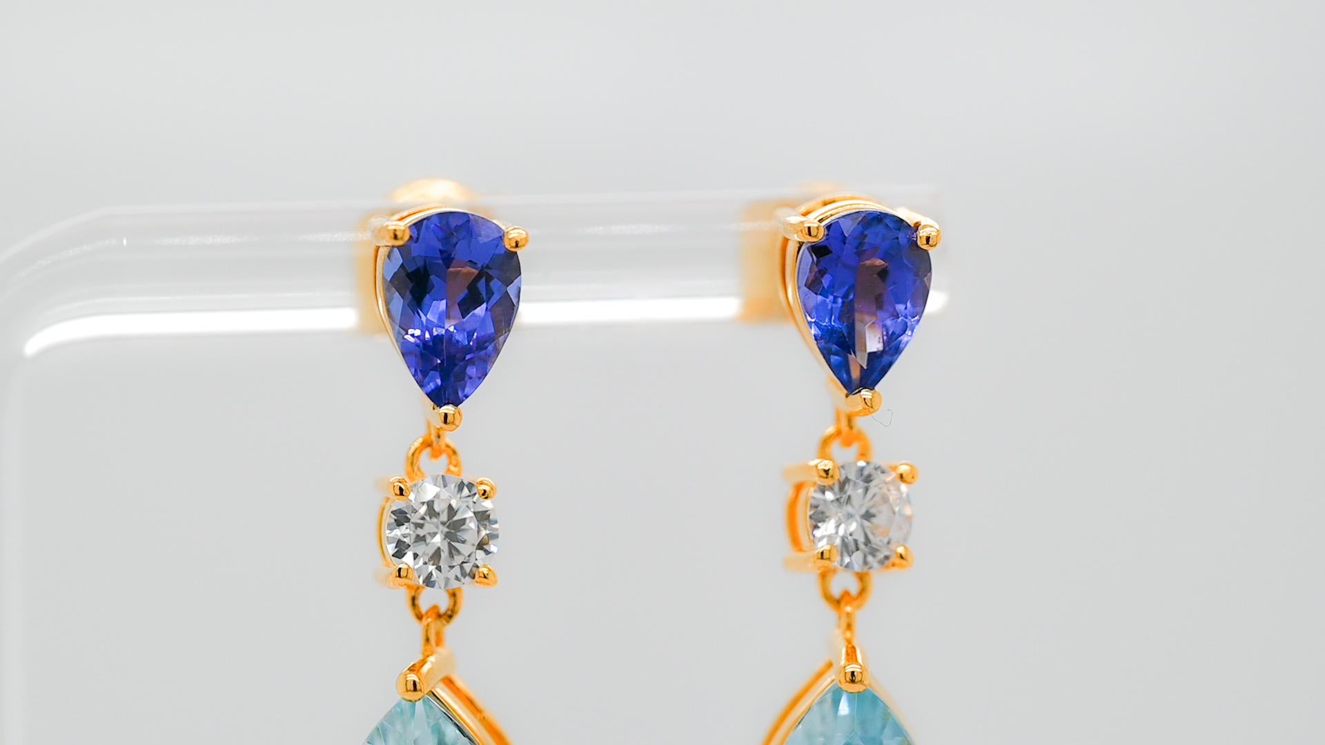 4.94 Ctw Natural Tanzanite With Aquamarine Drop Dangle Silver Earrings Jewelry   In New Condition For Sale In New York, NY