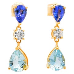 1.43 Ctw Natural Tanzanite With Aquamarine Drop Dangle Silver Earrings Jewelry  