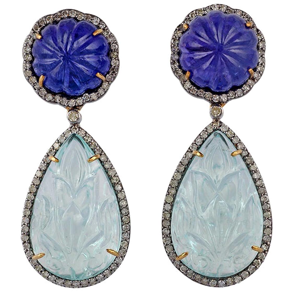 Aquamarine, Tanzanite and Diamond Earrings in Victorian Style For Sale