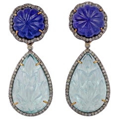 Aquamarine, Tanzanite and Diamond Earrings in Victorian Style