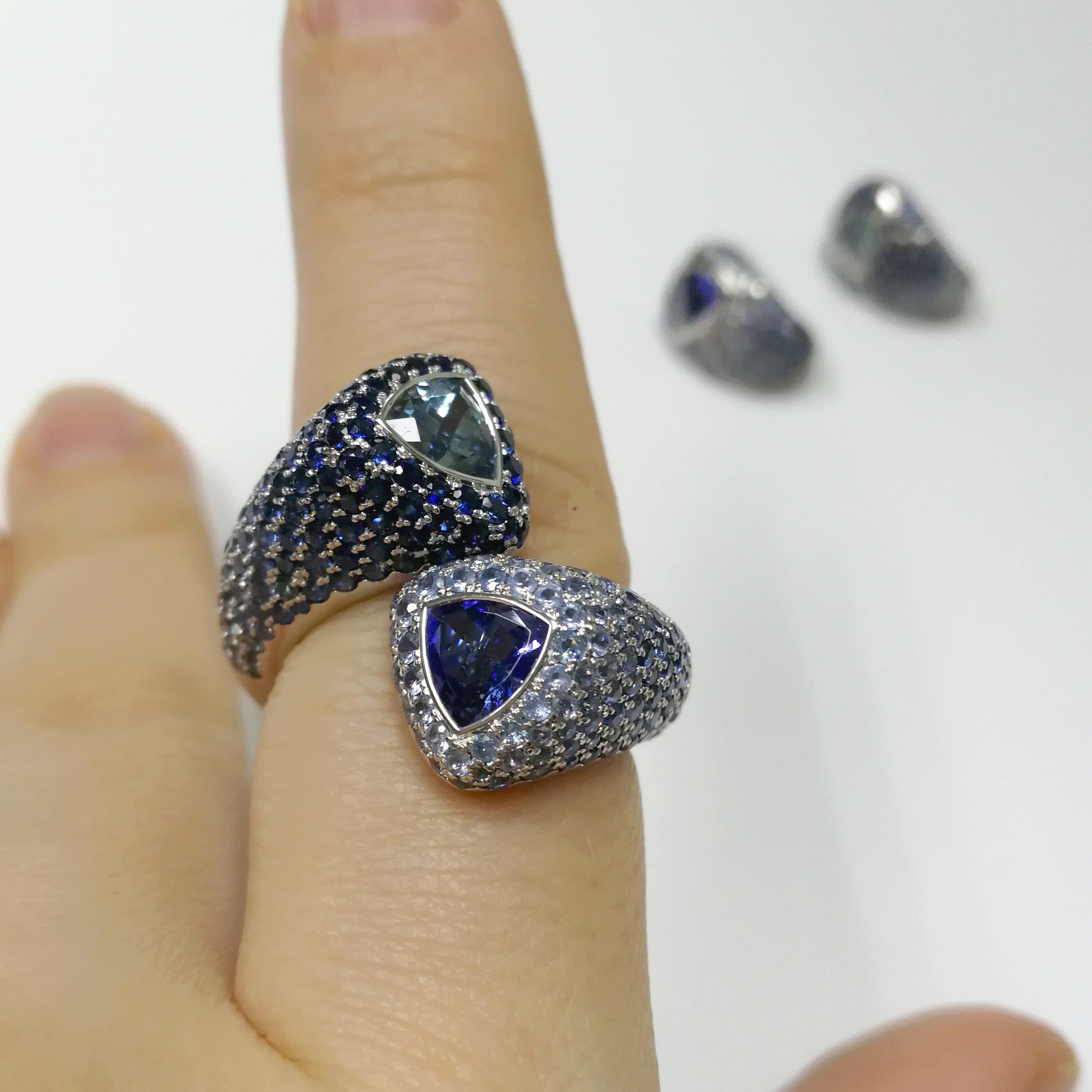 For Sale:  Aquamarine Tanzanite Blue Sapphires White 18 Karat Gold Riviera Ring 11