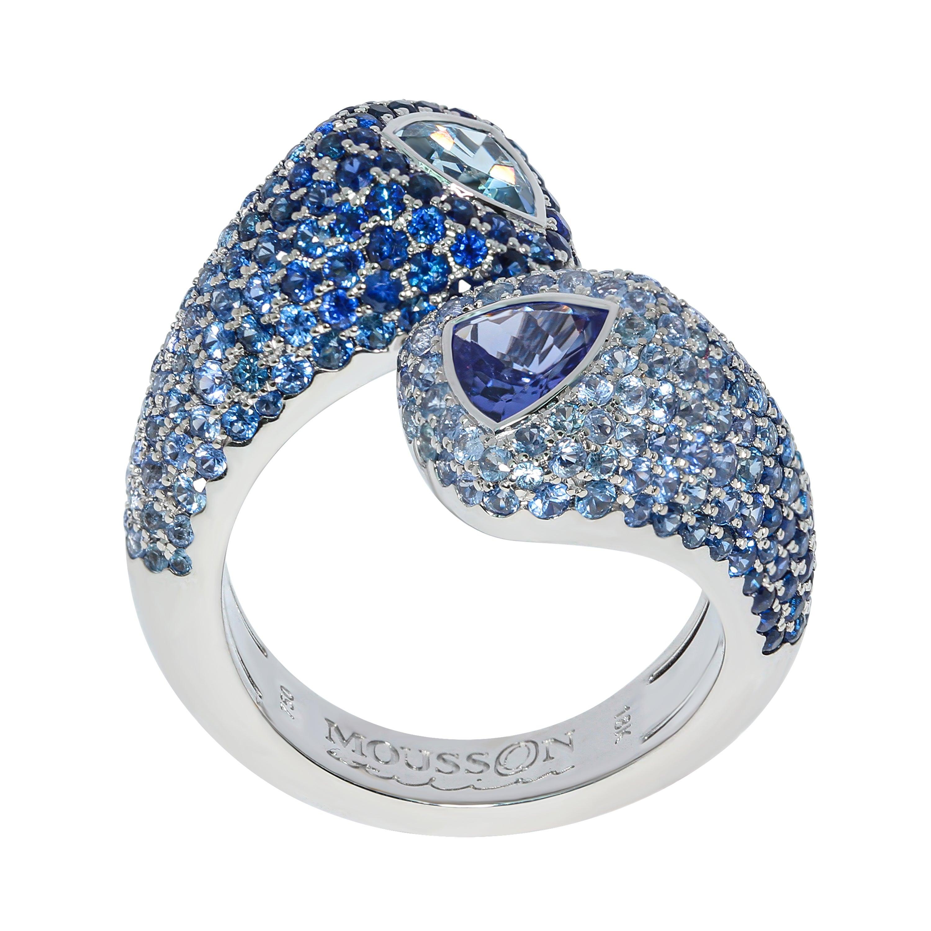 For Sale:  Aquamarine Tanzanite Blue Sapphires White 18 Karat Gold Riviera Ring 2