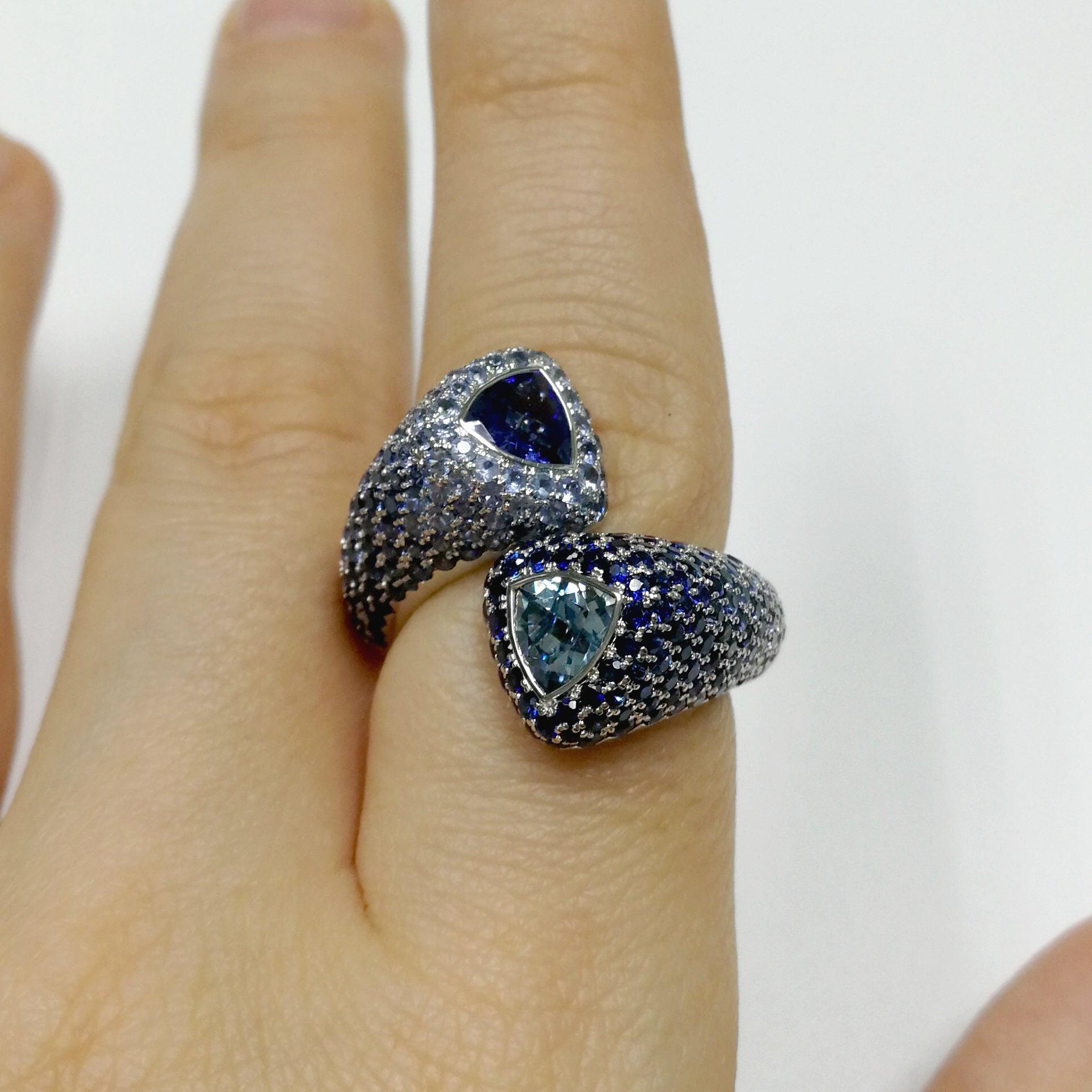 For Sale:  Aquamarine Tanzanite Blue Sapphires White 18 Karat Gold Riviera Ring 8