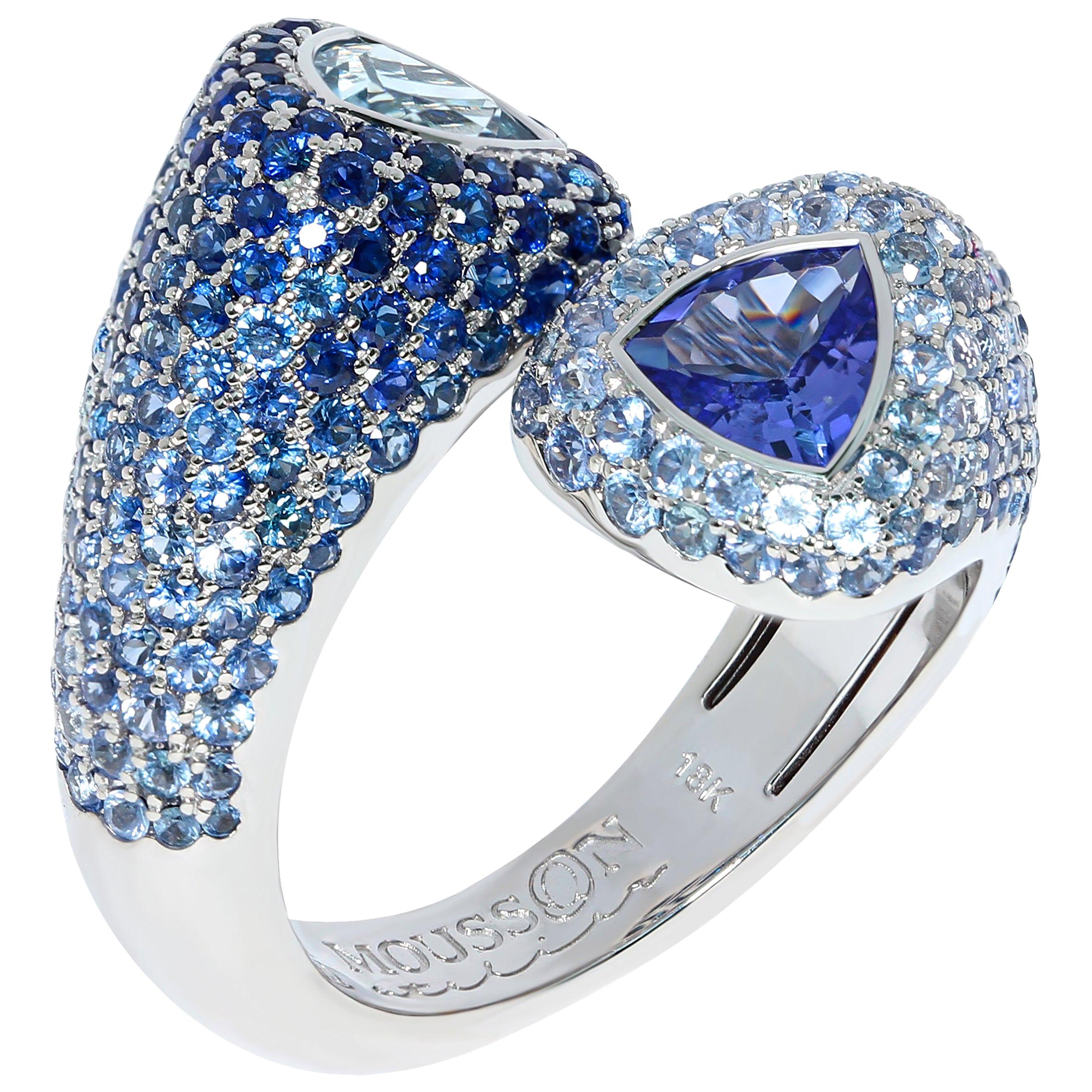 For Sale:  Aquamarine Tanzanite Blue Sapphires White 18 Karat Gold Riviera Ring