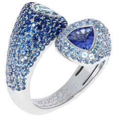 Riviera-Ring mit Aquamarin, Tansanit, blauen Saphiren in Weiß, 18 Karat Gold