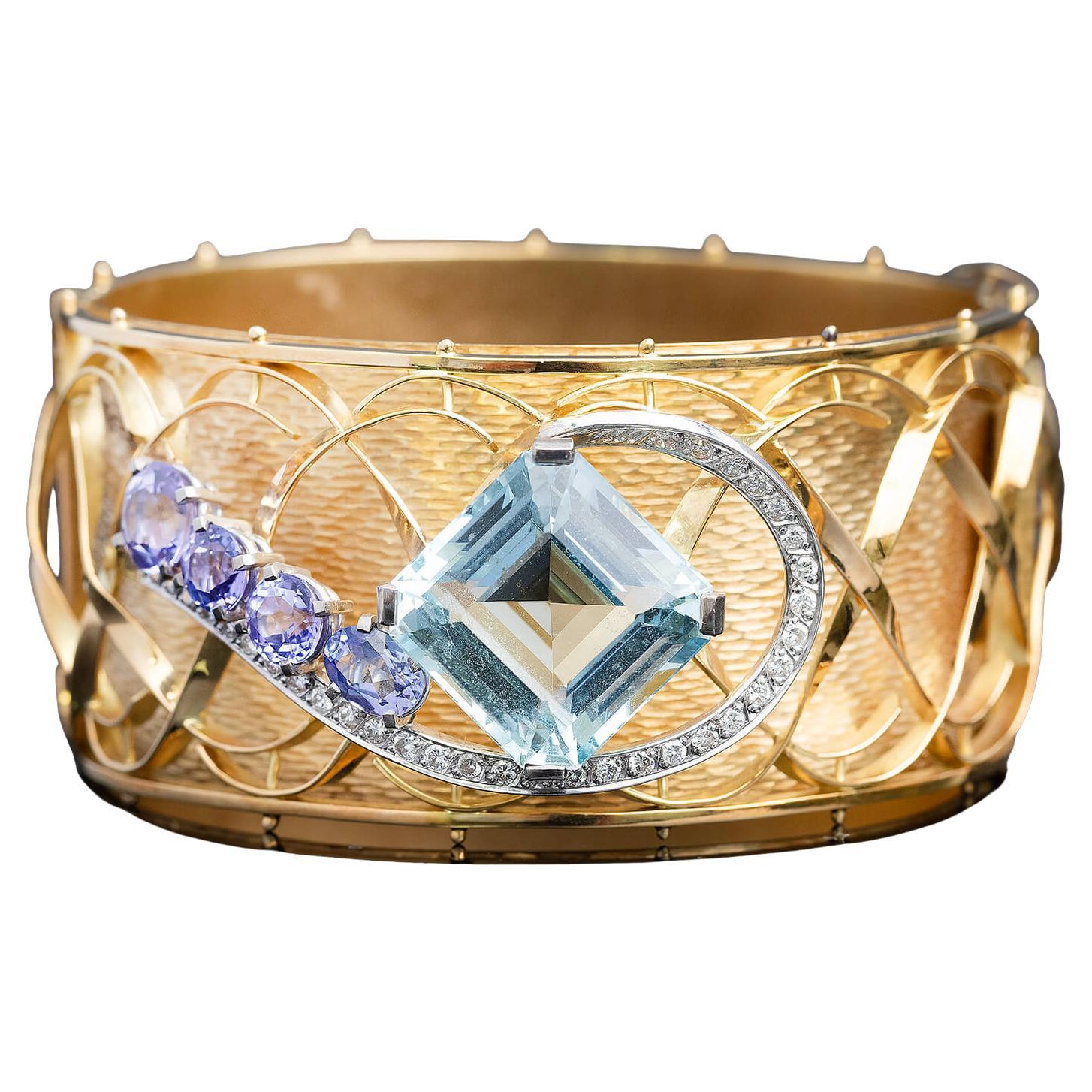 Bracelet jonc aigue-marine, tanzanite et diamants des années 1980
