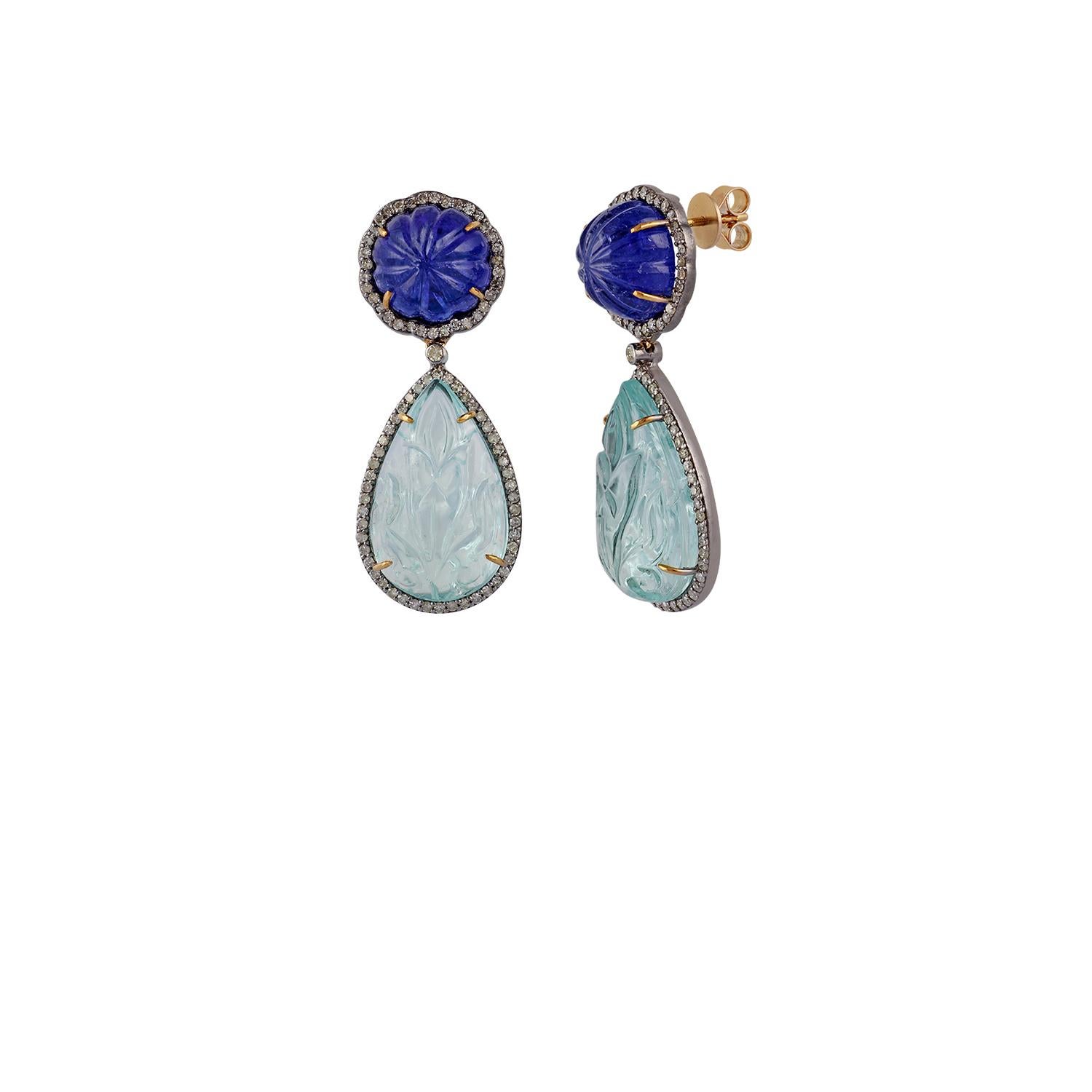 Mixed Cut Aquamarine, Tanzanite and Diamond Earrings in Victorian Style For Sale