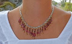 Aquamarine Tanzanite Rubellite and Gold Bead Indian Necklace