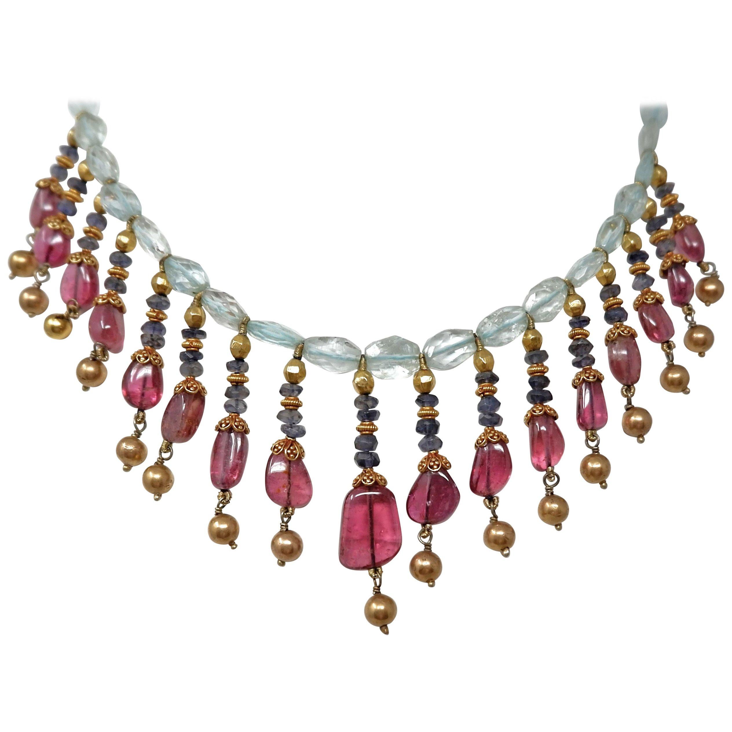  Aquamarine Tanzanite Rubellite and Gold Bead Indian Necklace For Sale