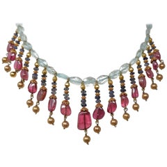  Aquamarine Tanzanite Rubellite and Gold Bead Indian Necklace