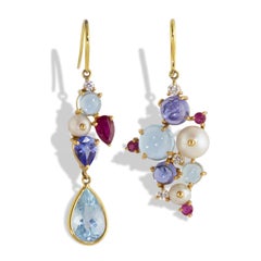 Ico & the Bird Aquamarine, Tanzanite Rudy Diamond Pearl 18 Karat Gold Earrings