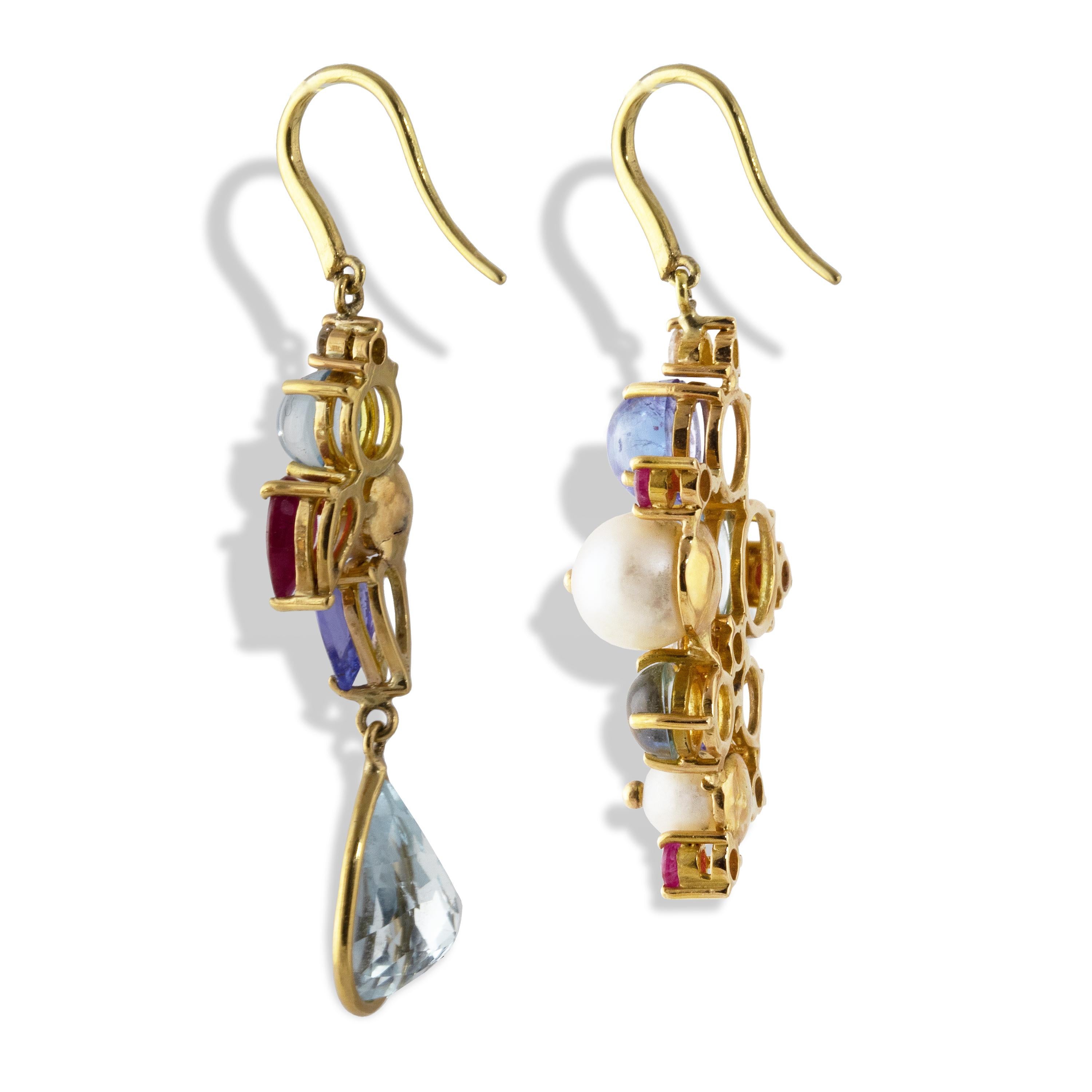 Artisan Ico & the Bird Aquamarine, Tanzanite Rudy Diamond Pearl 18 Karat Gold Earrings