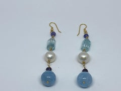 Aquamarine, Tanzanite, Sapphire, and Pearl Statement Earrings in 18 Karat Gold