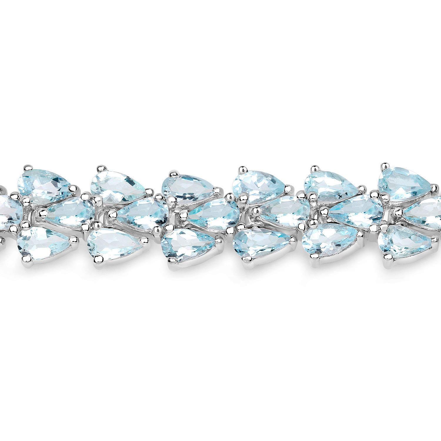 Pear Cut Aquamarine Tennis Bracelet 14.1 Carats Sterling Silver For Sale