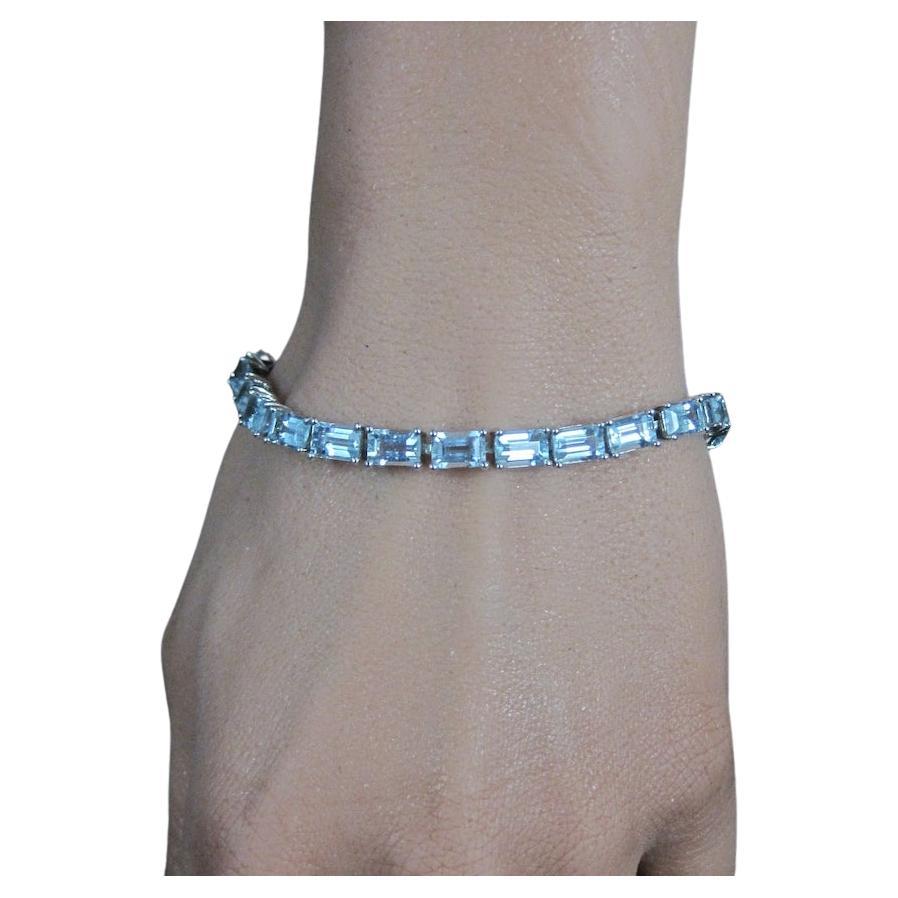 Aquamarine Tennis Bracelet 7 Inches Sterling Silver For Sale