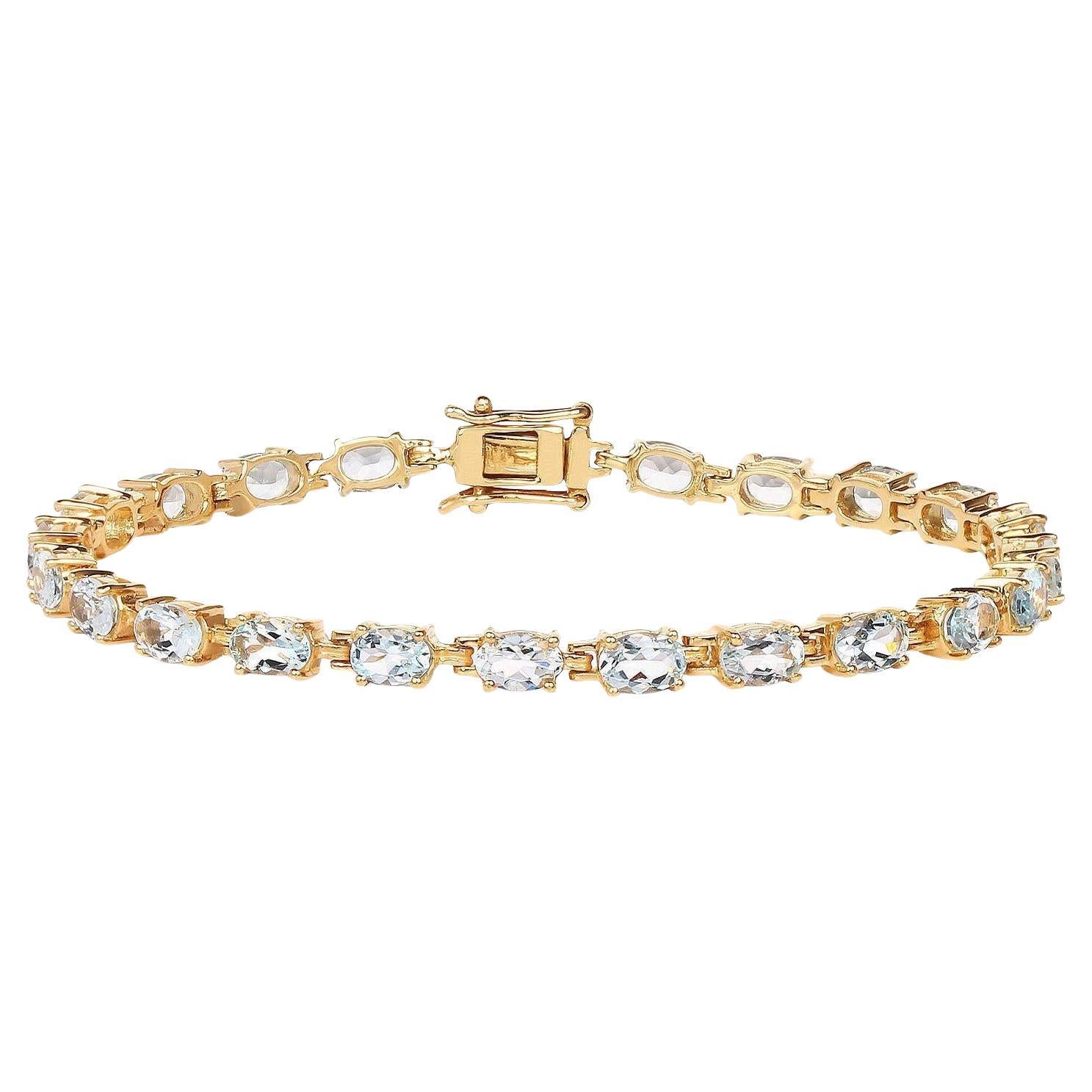 Aigue-marine Bracelet Tennis 8.7 Carats 14K Plaqué Or Silver