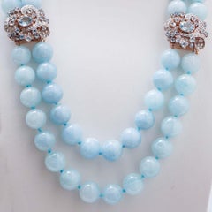 Aquamarine, Topaz, Diamonds. 14 Kt Rose Gold and Silver Necklace.