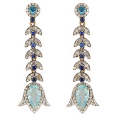 Aquamarine, Topaz, Sapphire & Diamond Drop Earrings