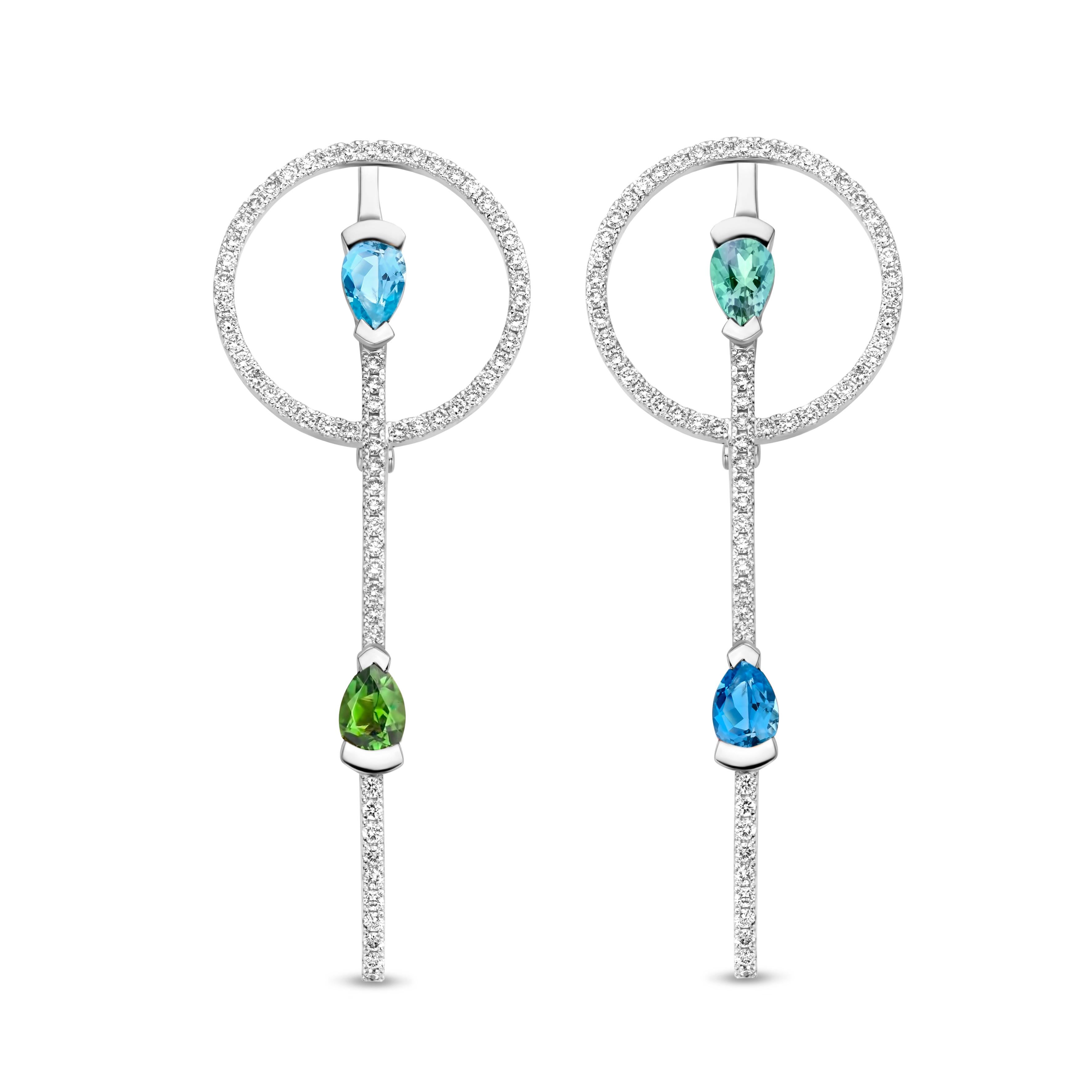 Runde Ohrringe aus Roségold mit Aquamarin, Turmalin und Diamant (Tropfenschliff) im Angebot