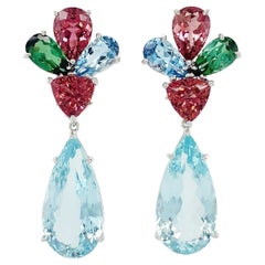 Aquamarine, Tourmaline and Rubellite 18K White Gold Drop Earrings