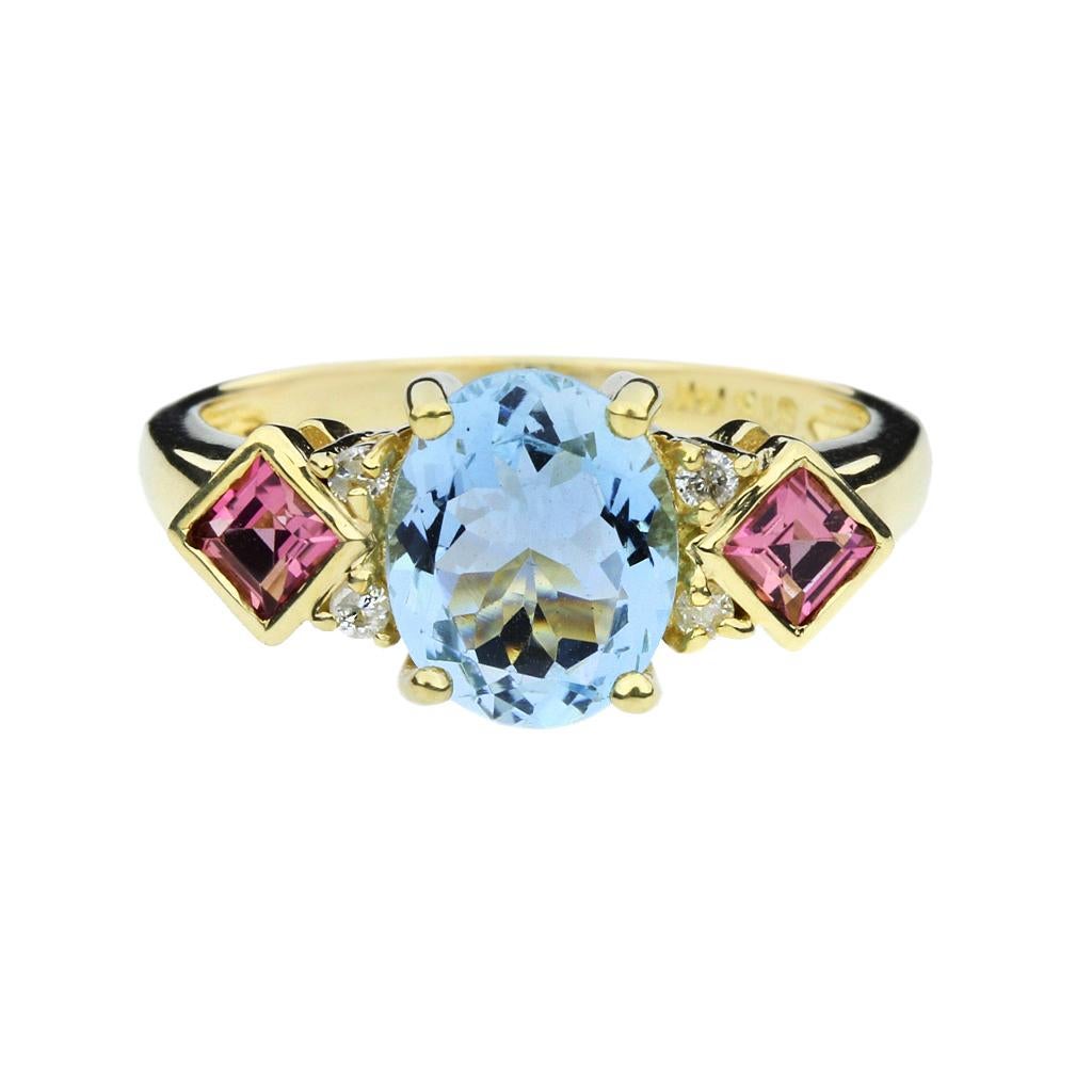 Oval Cut Aquamarine, Tourmaline & Diamond 14K 3 Stone Ring For Sale