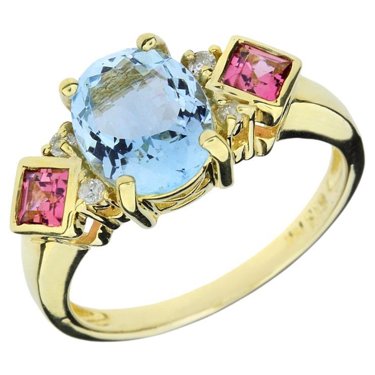 Aquamarine, Tourmaline & Diamond 14K 3 Stone Ring For Sale