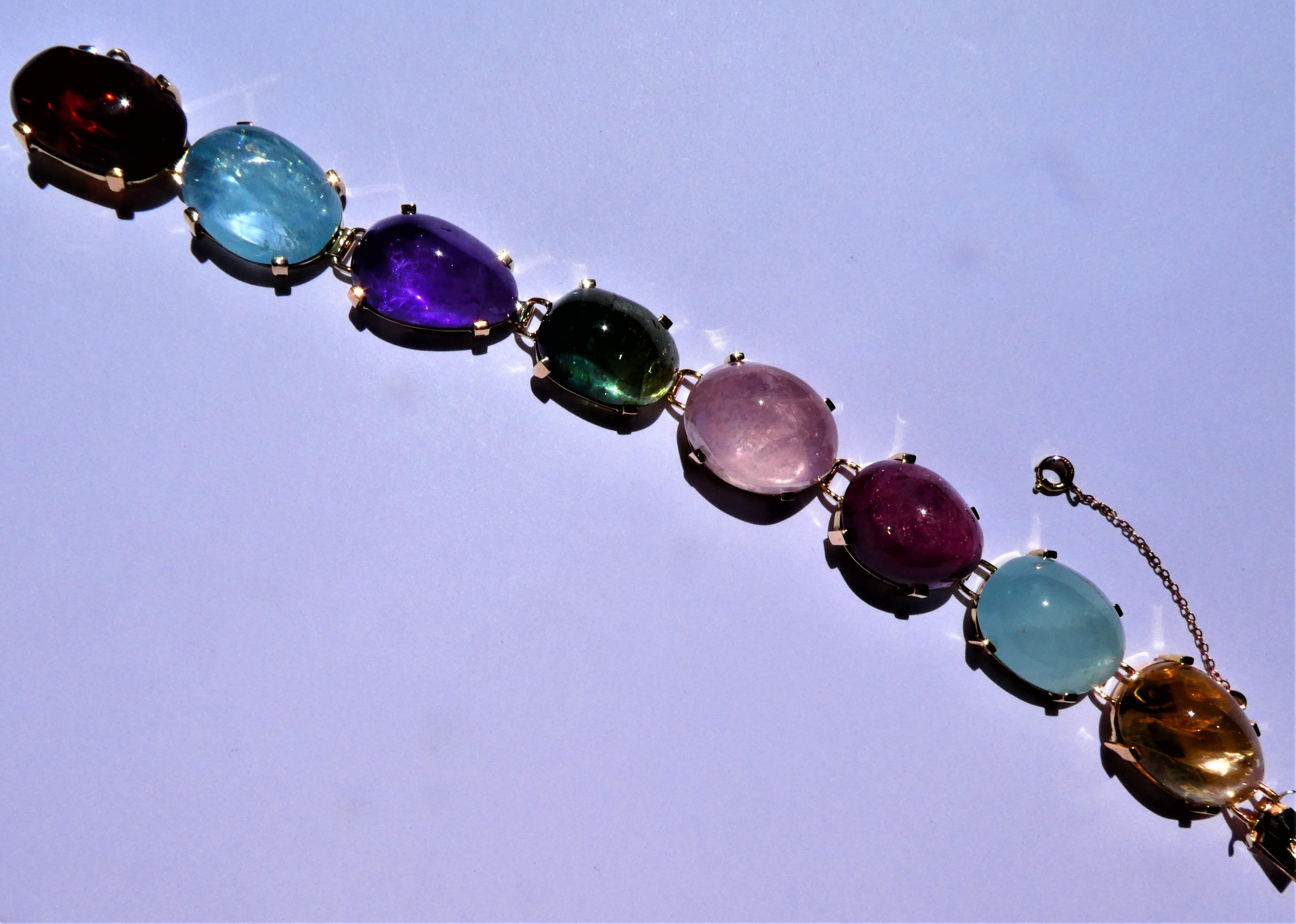 Oval Cut Aquamarine, Tourmaline, Rose Quartz, Amethyst, Citrine Gold Multi-Color Bracelet