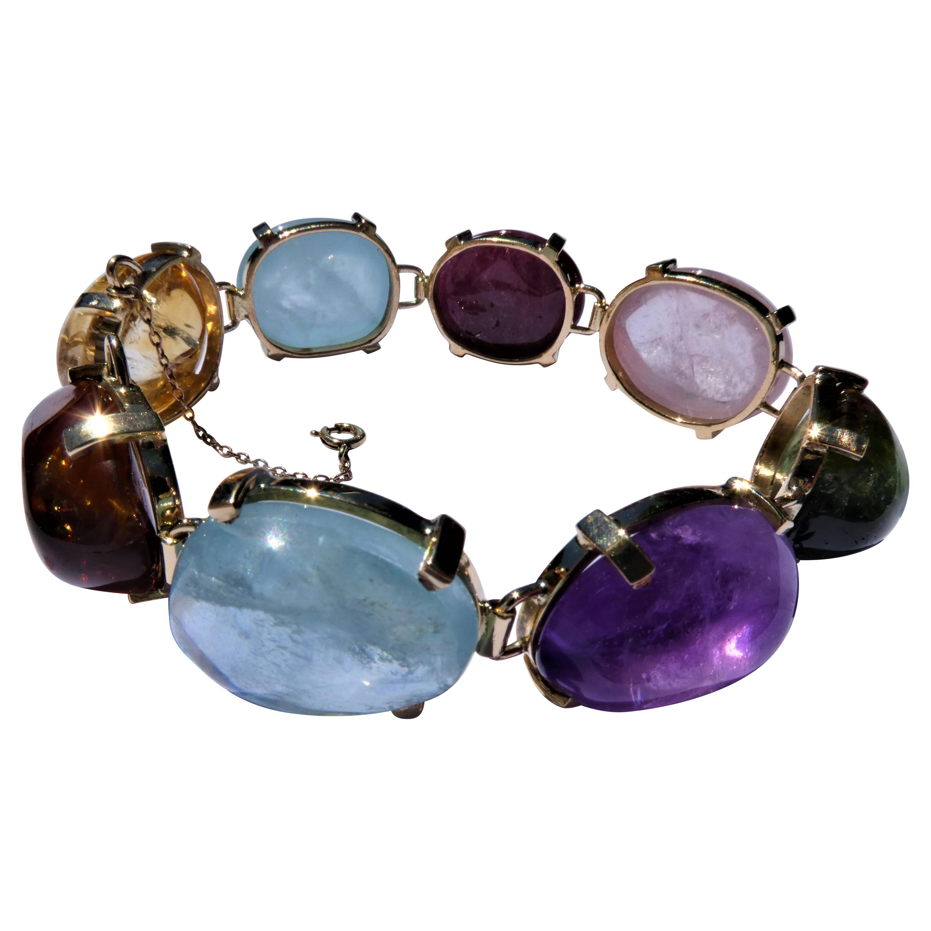 Aquamarine, Tourmaline, Rose Quartz, Amethyst, Citrine Gold Multi-Color Bracelet