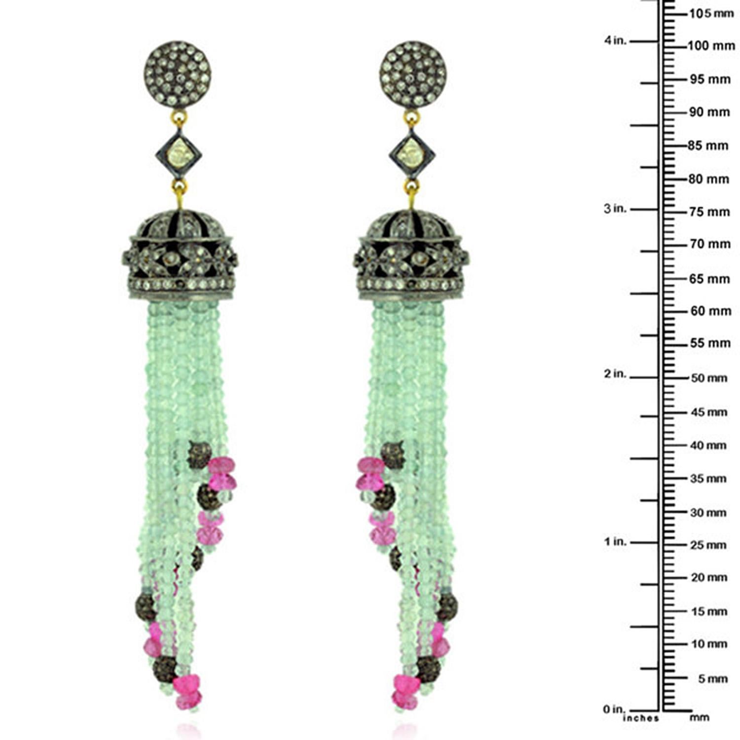 Mixed Cut Aquamarine & Tourmaline Tassel Earrings Equipped With Diamonds For Sale