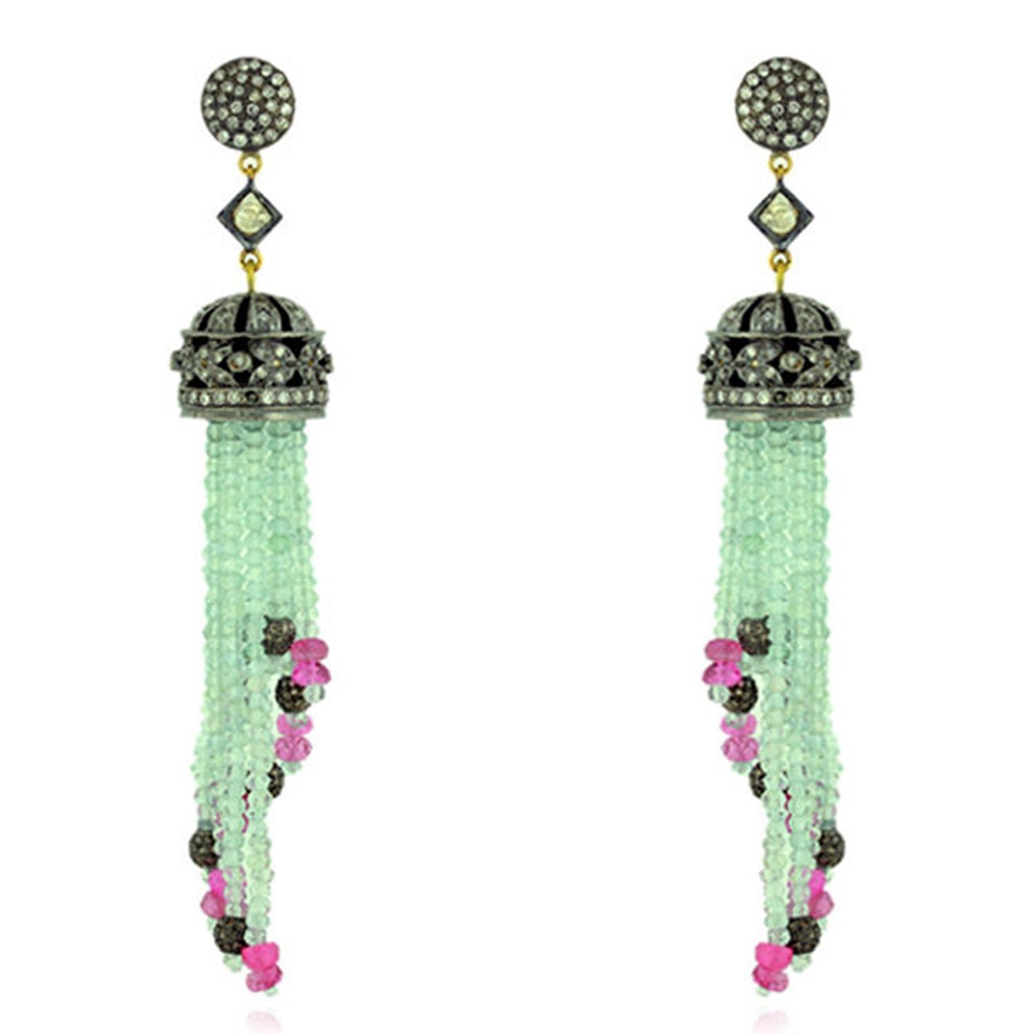 Aquamarine & Tourmaline Tassel Earrings Equipped With Diamonds In New Condition For Sale In New York, NY