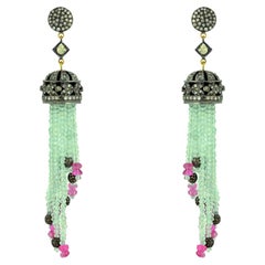 Aquamarine & Tourmaline Tassel Earrings Equipped With Diamonds