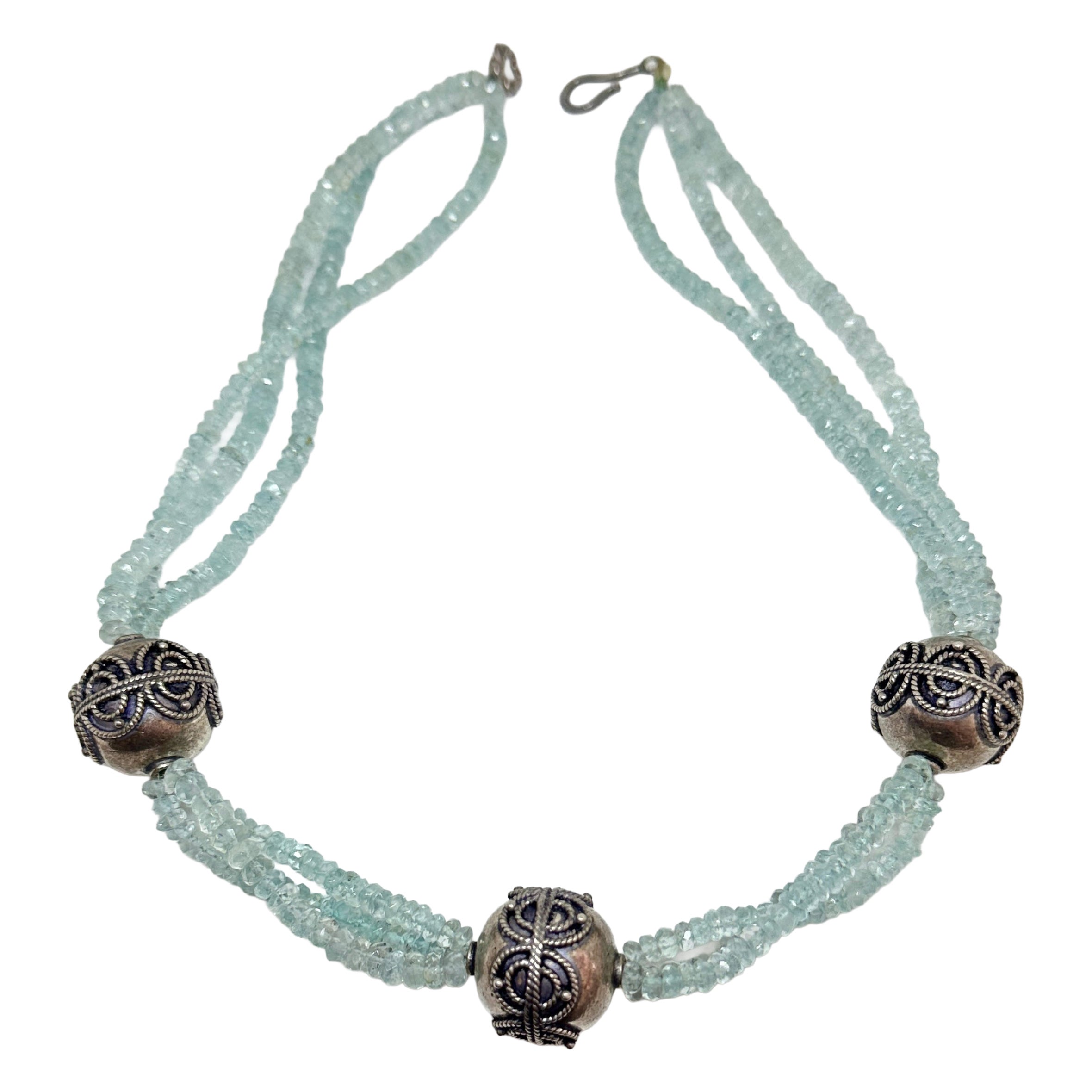Aquamarine Triple Strand Torsade Necklace, Sterling Silver Beads, 18" For Sale