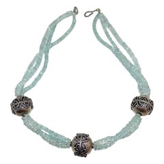 Aquamarine Triple Strand Torsade Necklace, Sterling Silver Beads, 18"