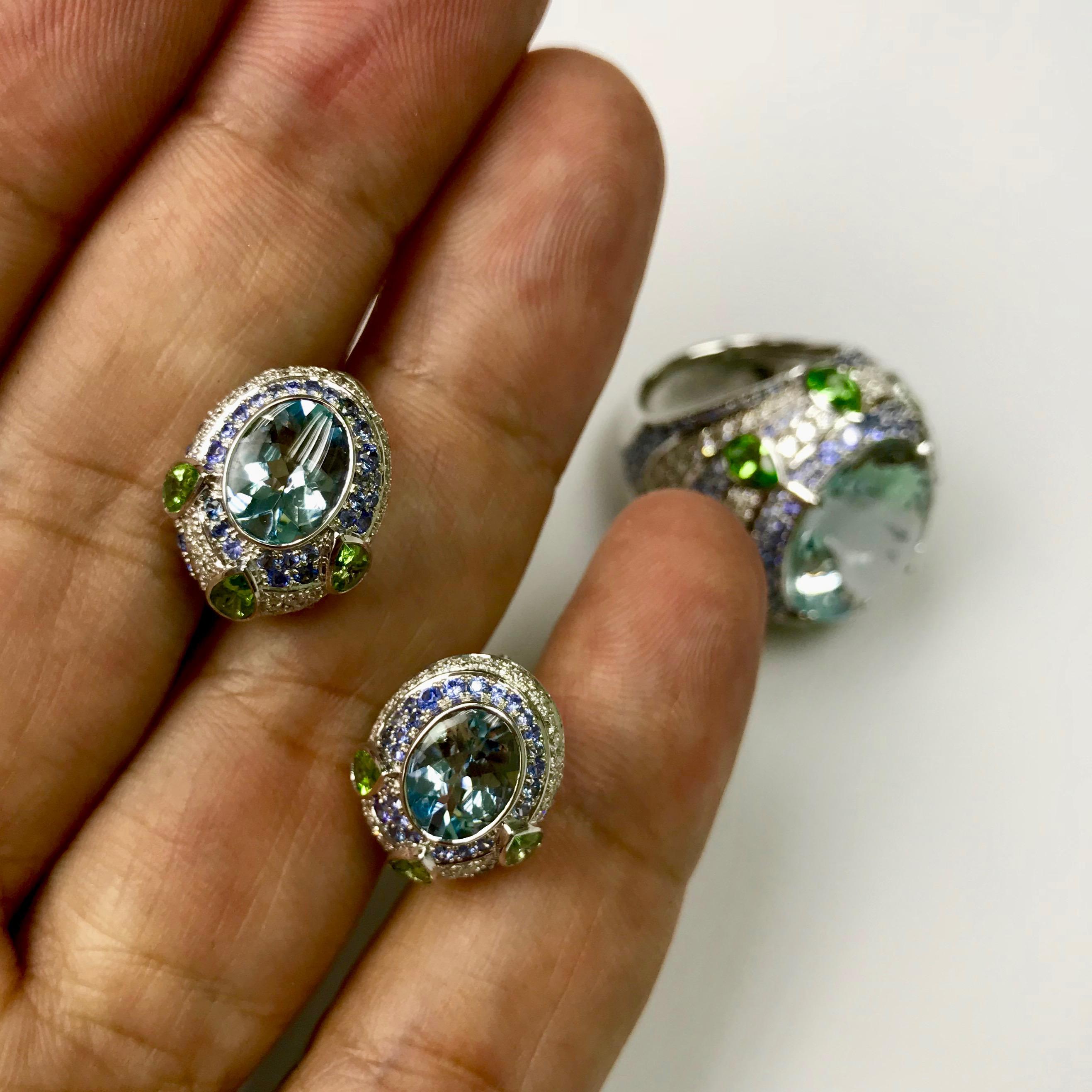 Oval Cut Aquamarine Tsavorite Diamonds Sapphire 18 Karat White Gold Oriental Earrings For Sale