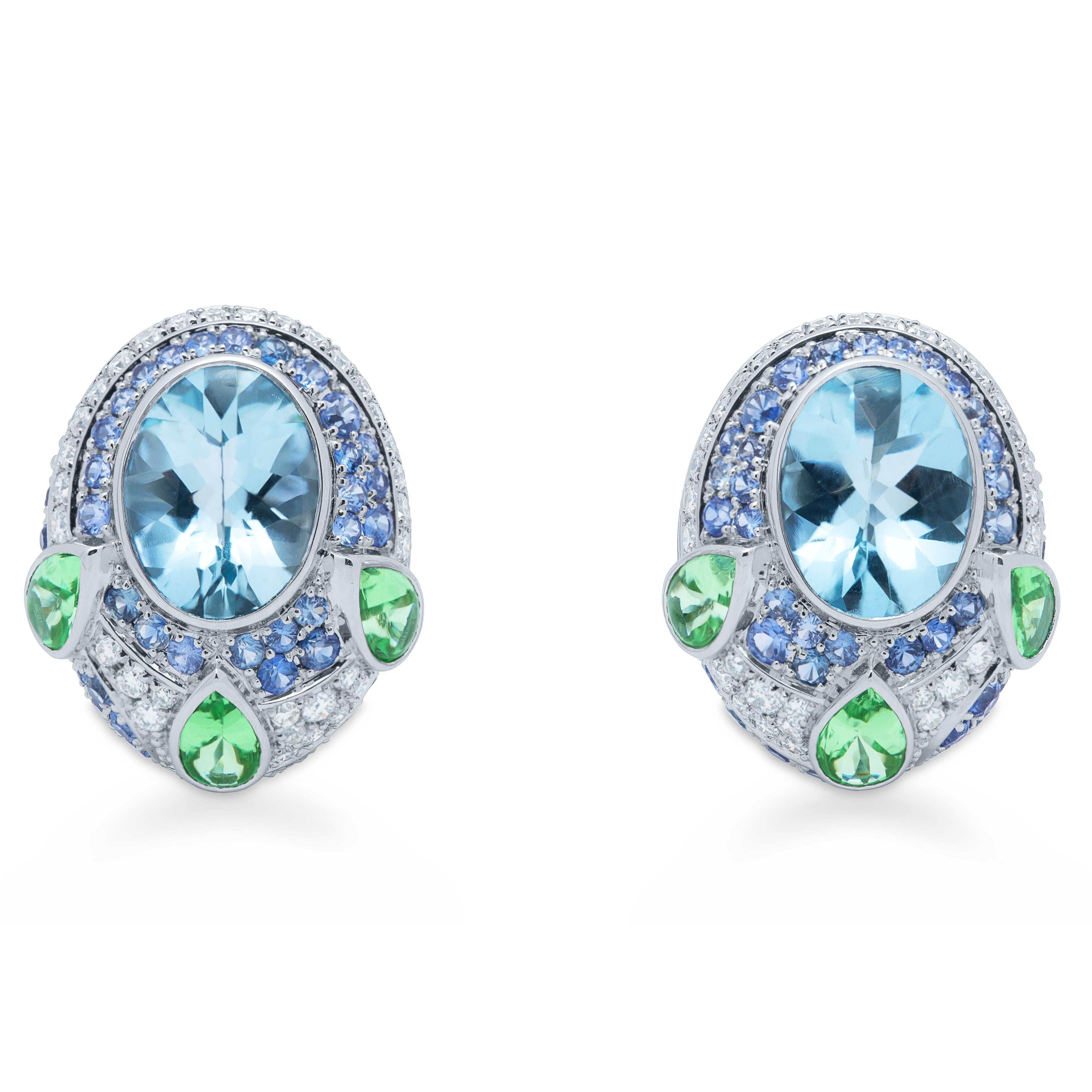 Contemporary Aquamarine Tsavorite Diamonds Sapphire 18 Karat White Gold Oriental Earrings For Sale