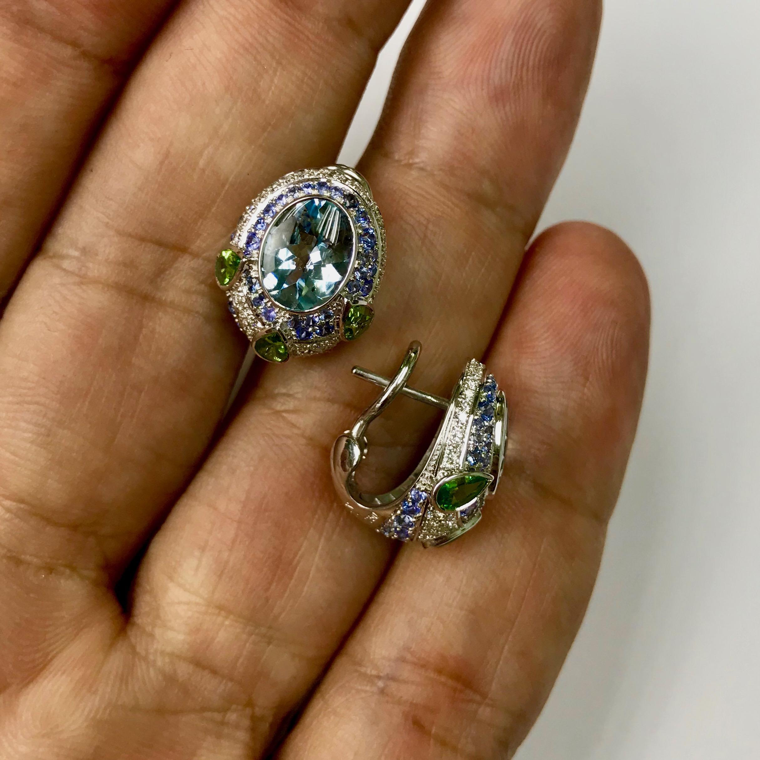 Women's Aquamarine Tsavorite Diamonds Sapphire 18 Karat White Gold Oriental Earrings For Sale