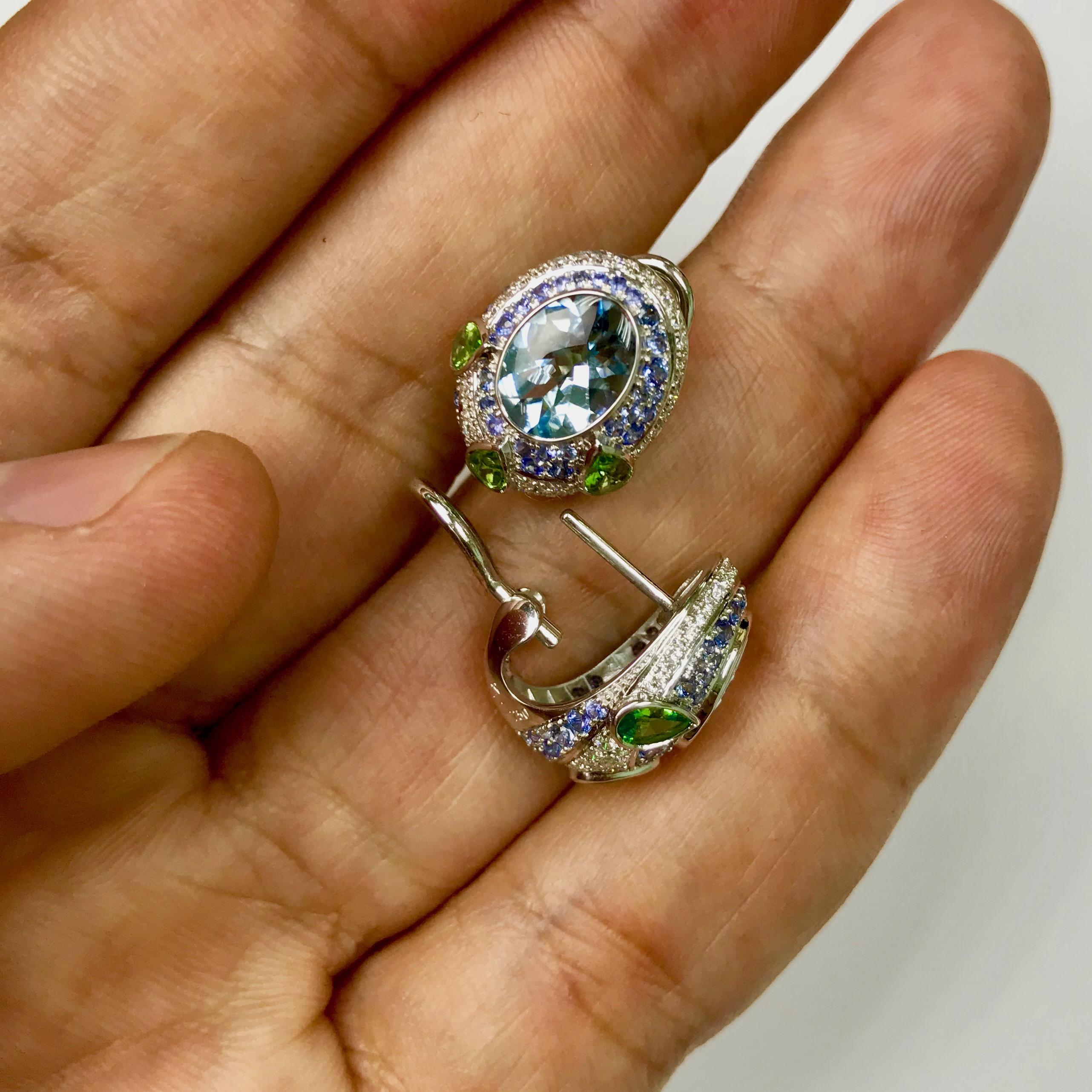 Aquamarine Tsavorite Diamonds Sapphire 18 Karat White Gold Oriental Earrings For Sale 1