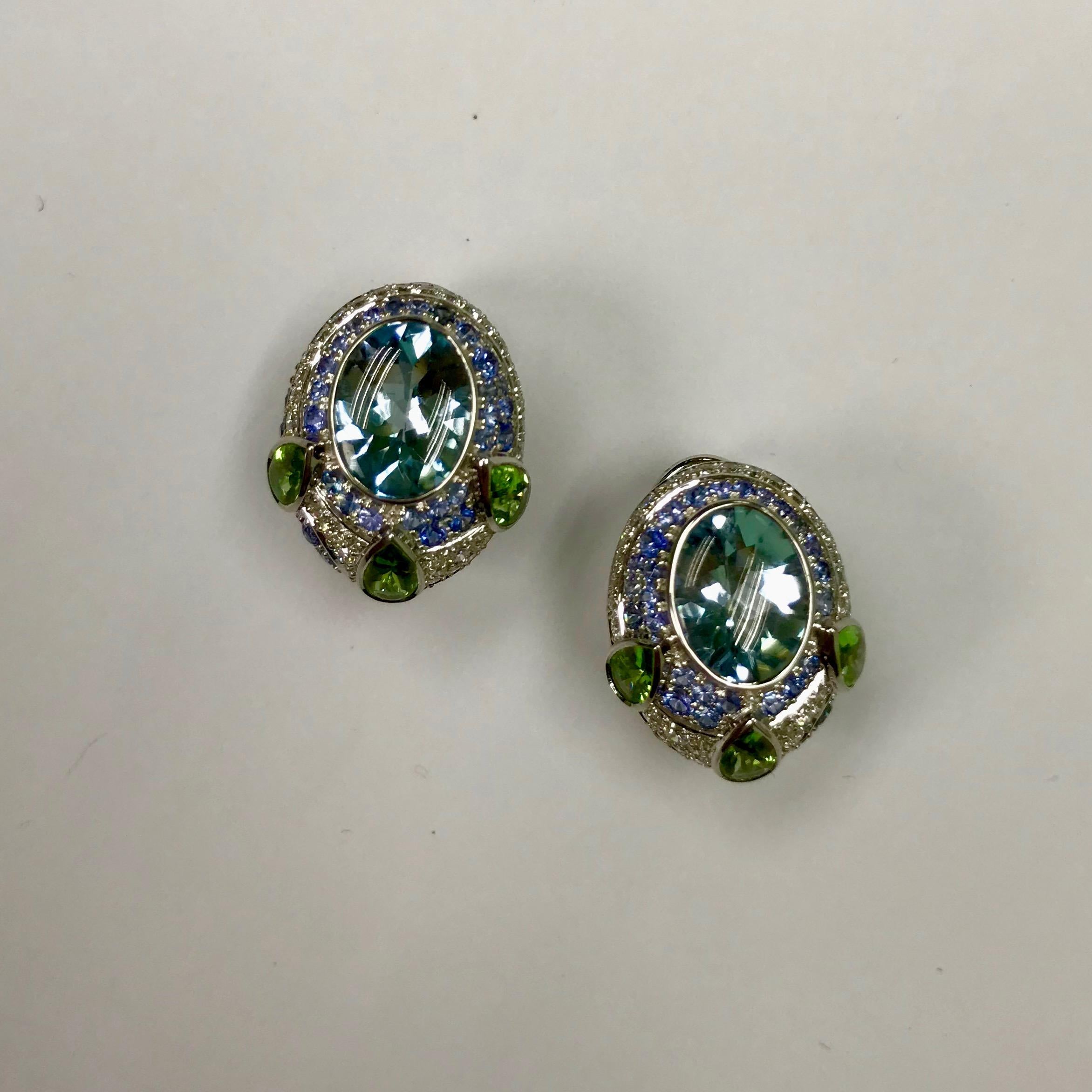 Aquamarine Tsavorite Diamonds Sapphire 18 Karat White Gold Oriental Earrings For Sale 2