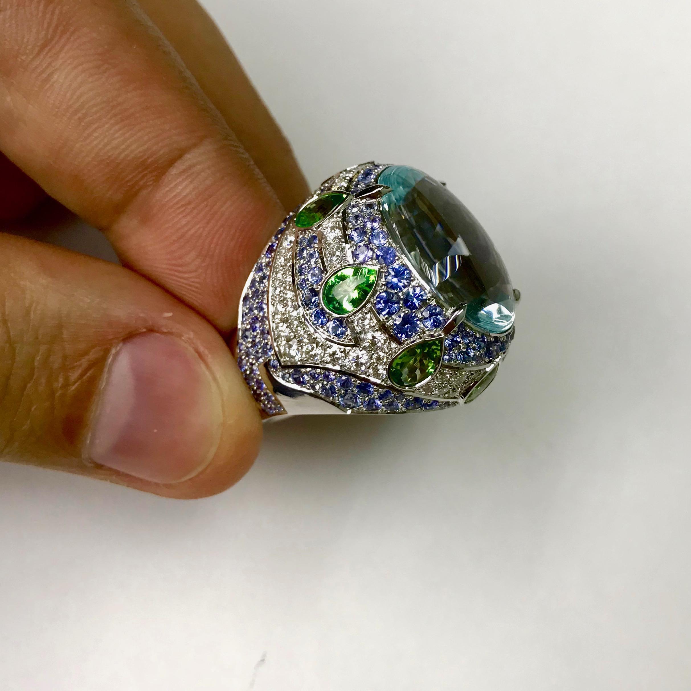 Contemporary Aquamarine Tsavorite Diamonds Sapphire 18 Karat White Gold Oriental Ring For Sale