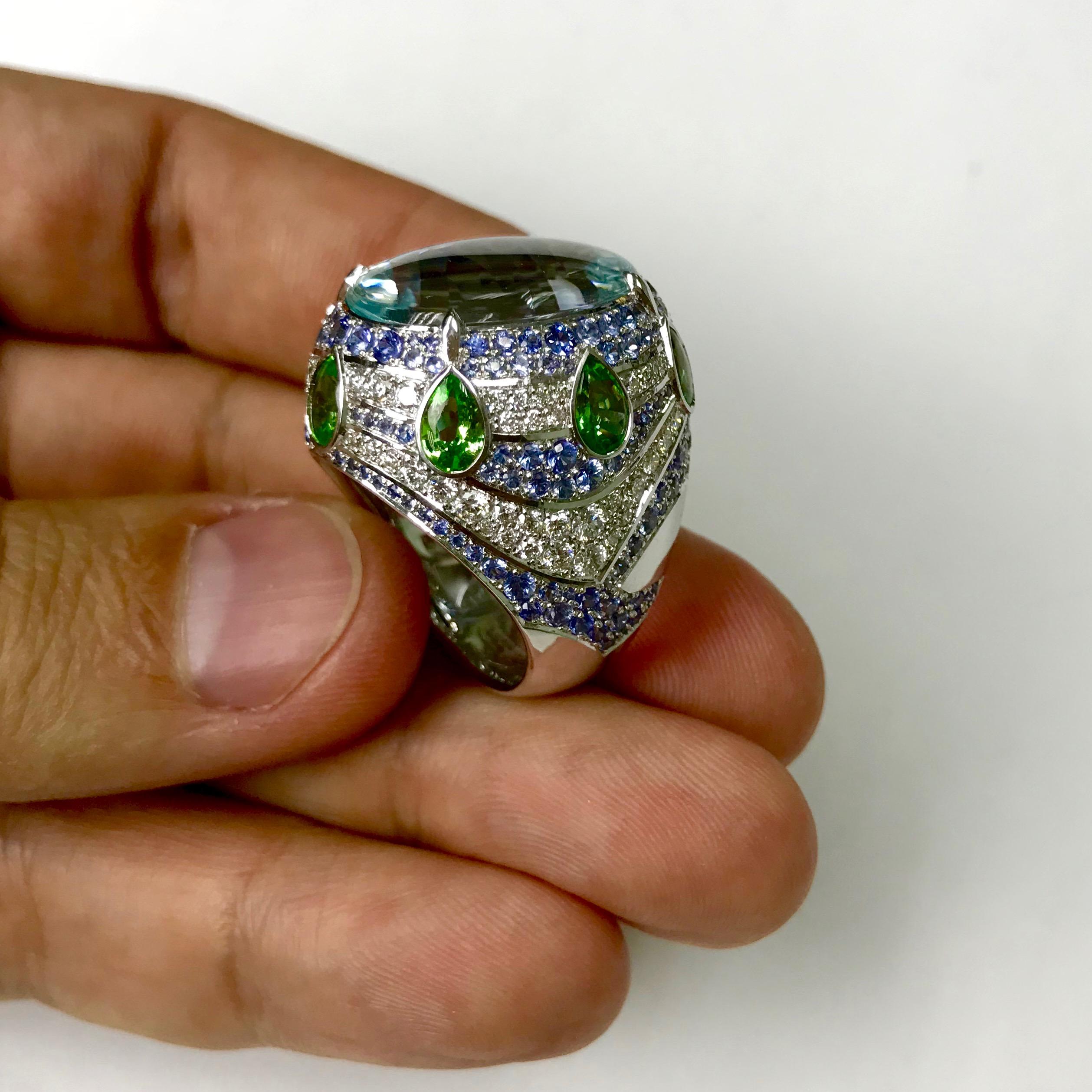 Aquamarine Tsavorite Diamonds Sapphire 18 Karat White Gold Oriental Suite 4