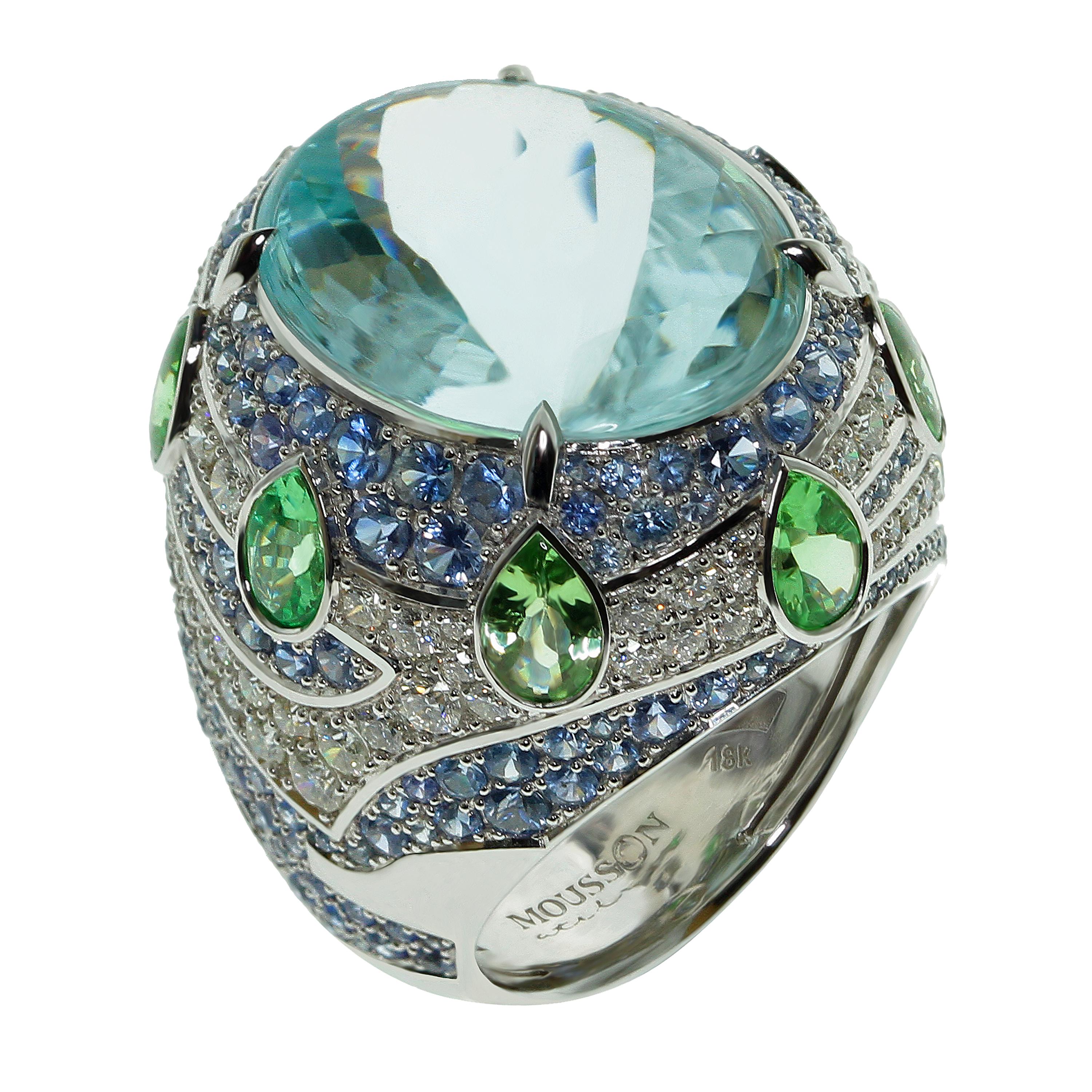 15.27 carat Aquamarine in Ring,  2.75 carat pair of Aquamarine in earrings
Tsavorite Diamonds and Sapphires
Aquamarine have bufftop Oval cut, the crown is cabochon and pavilion is faceted 
This cut looks very vibrant with the Aquamarine, Tsavorites