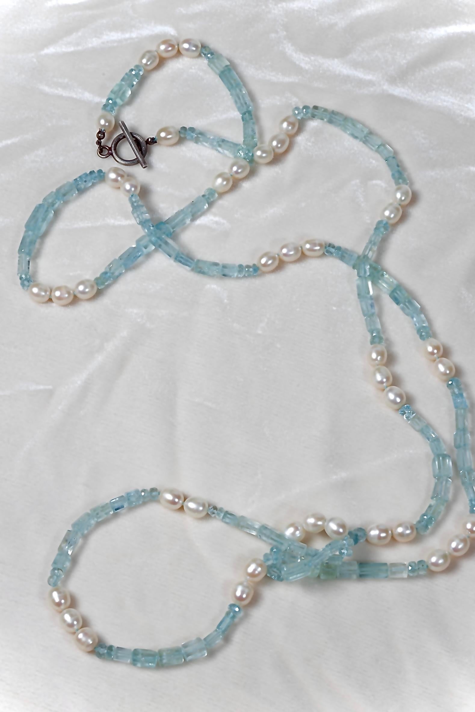 Art Déco Tubi d'acquamarina e perle, collana lunga in vendita